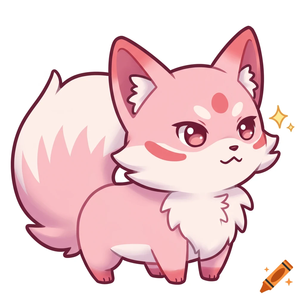A cute light pink cartoony kitsune with a fluffy tail and big eyes, doing a side eye glance.