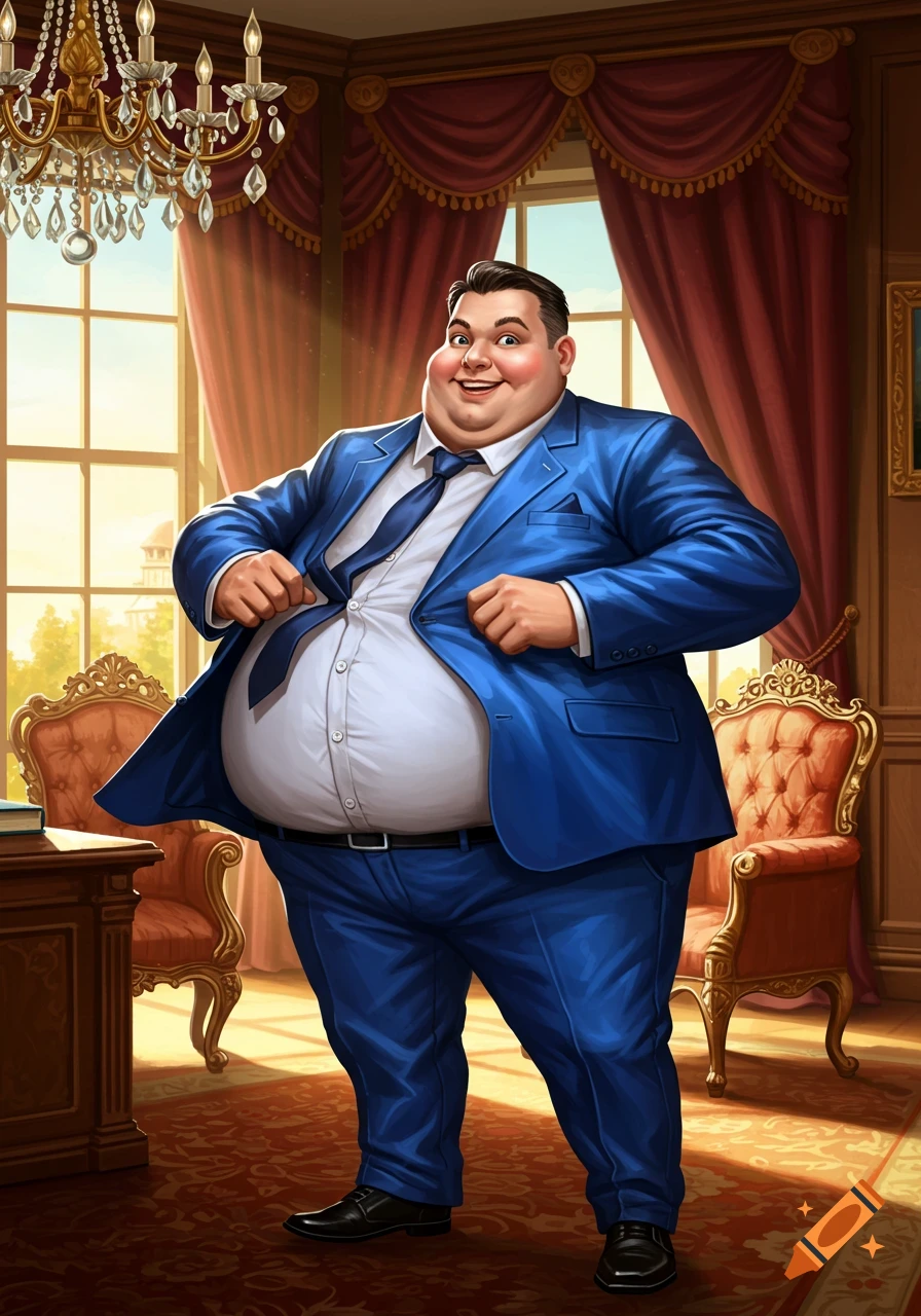 Smiling overweight man in a tight blue suit in a luxurious office with a chandelier, illustration.