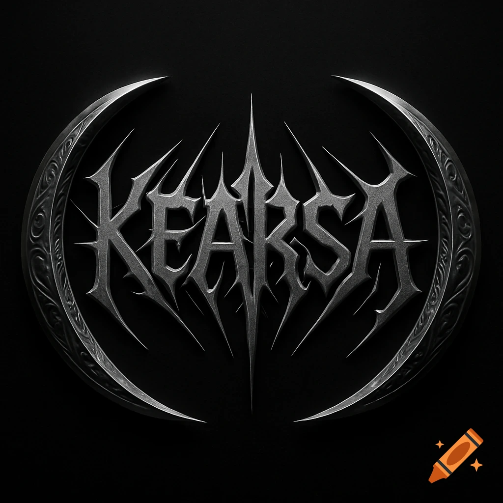 Silver metal band logo for 'KEARSA' with spiky, gothic font, framed by two ornate crescent moons on a black background.