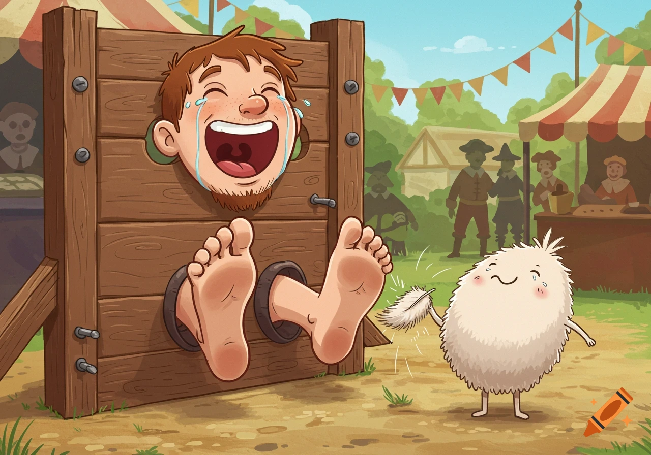 A cartoon man in wooden stocks, laughing and crying, has his feet tickled by a fluffy white creature at a medieval fair.