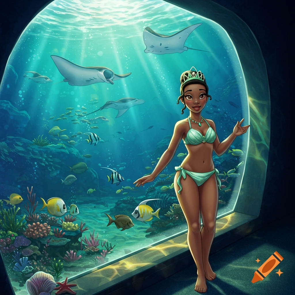 Illustrated Princess Tiana in a green bikini at an aquarium, surrounded by tropical fish, coral, and manta rays.
