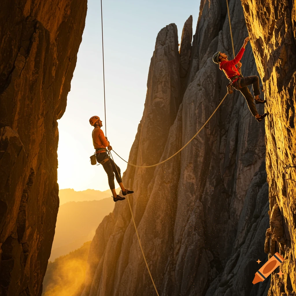Two climbers on a sheer rock face at sunset, one rappelling and one climbing, in a photorealistic style.