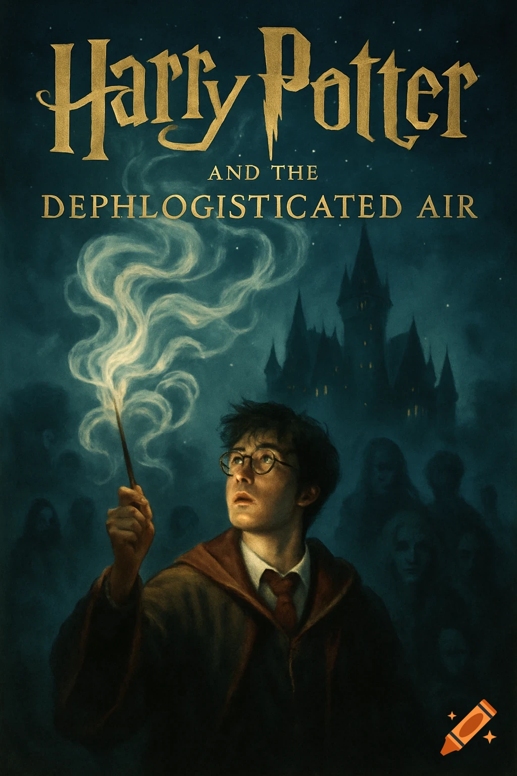 Book cover featuring a young wizard casting a spell with a glowing wand, Hogwarts castle, and ghostly figures in the mist.