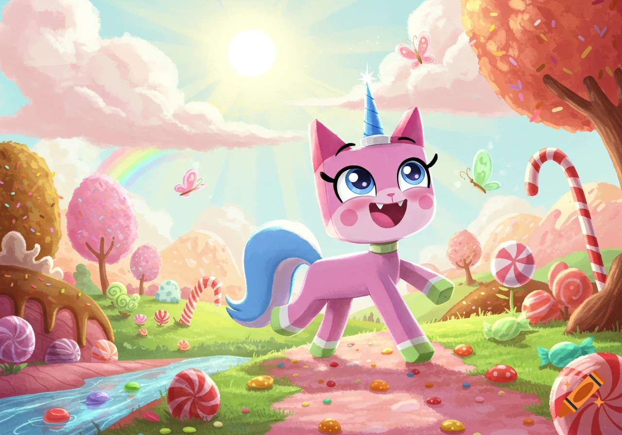 A cheerful pink unicorn-cat (Unikitty) walks through a vibrant, sunny candy-land with lollipops, candy trees, and a rainbow in the sky.