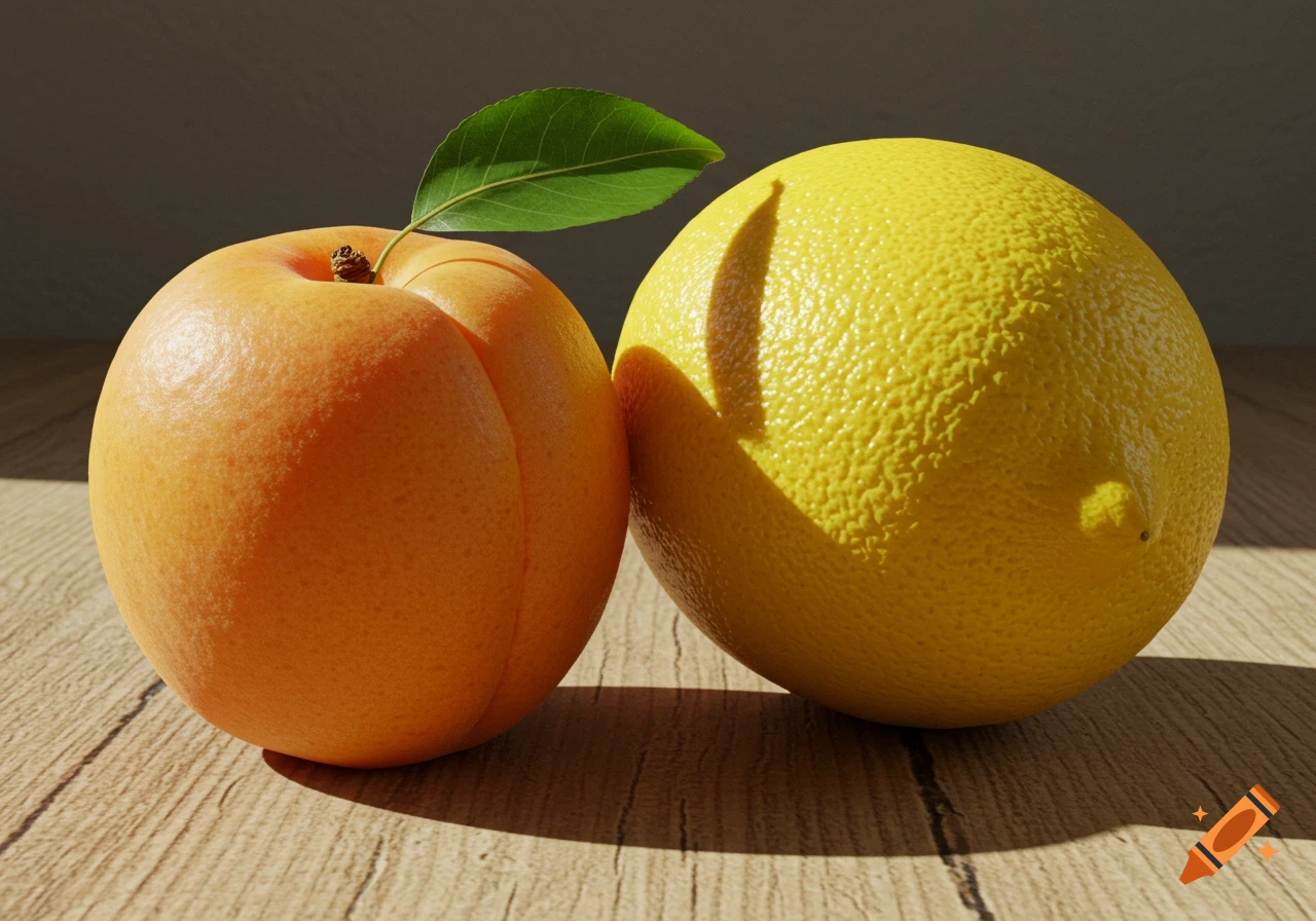 Photorealistic image of an apricot with a green leaf next to a lemon on a wooden surface.