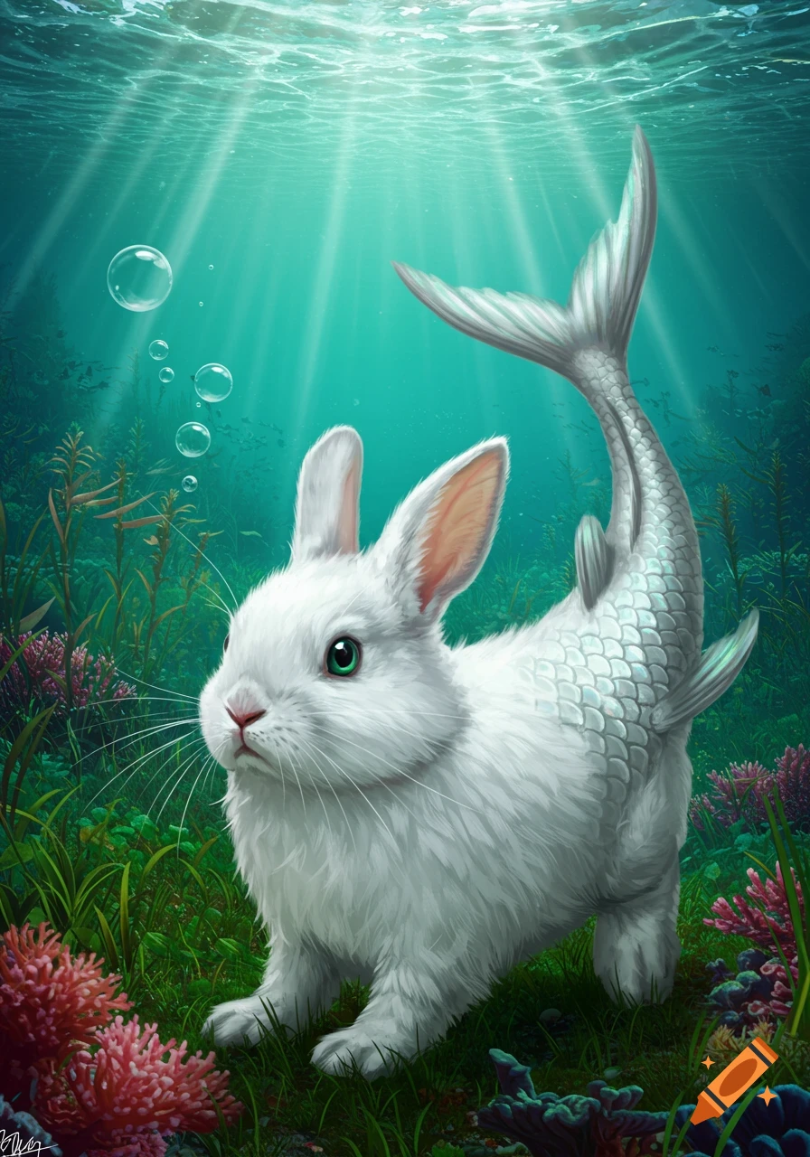 A fluffy white bunny with a silver fish tail stands on a colorful underwater seabed, with sunlight and bubbles.