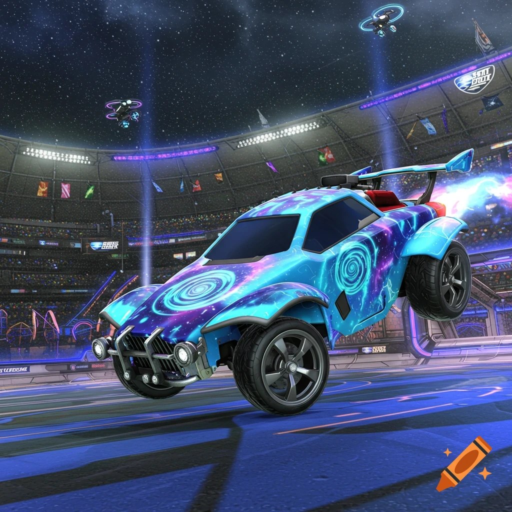Sky blue Rocket League Fennec car with a hyperspace decal, mid-jump in a futuristic stadium under a starry sky.