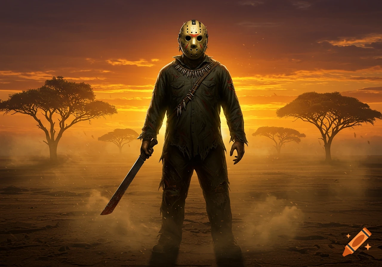 Jason Voorhees stands with a bloody machete in a dusty savanna at sunset.