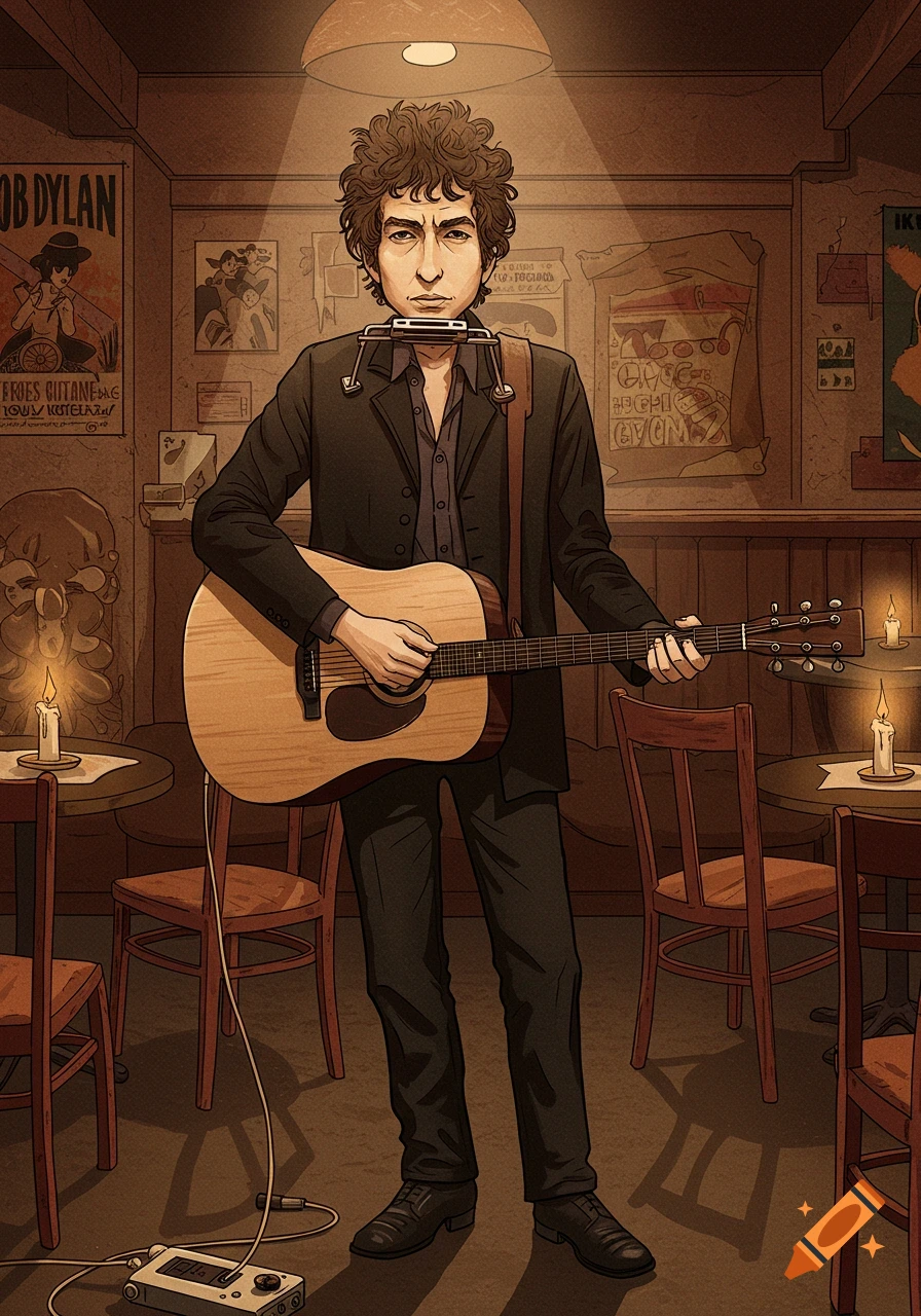 Illustrated portrait of Bob Dylan playing an acoustic guitar and harmonica in a dimly lit, rustic bar setting.