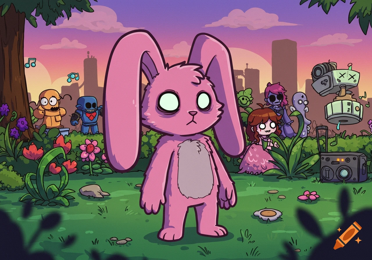 A pink bunny with large ears and pale eyes stands in a vibrant cartoon landscape with various stylized characters and objects.