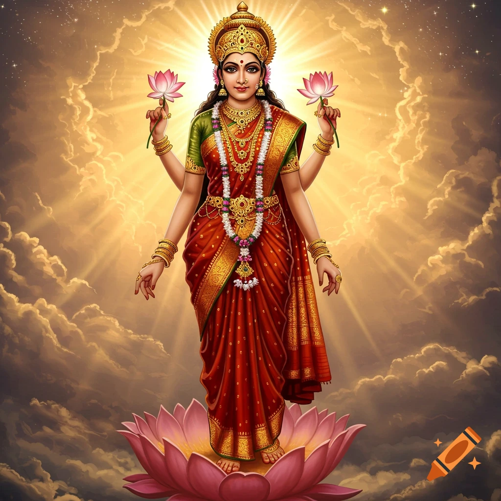 Vibrant illustration of a four-armed Indian Goddess in red and gold attire standing on a pink lotus with a radiant halo.