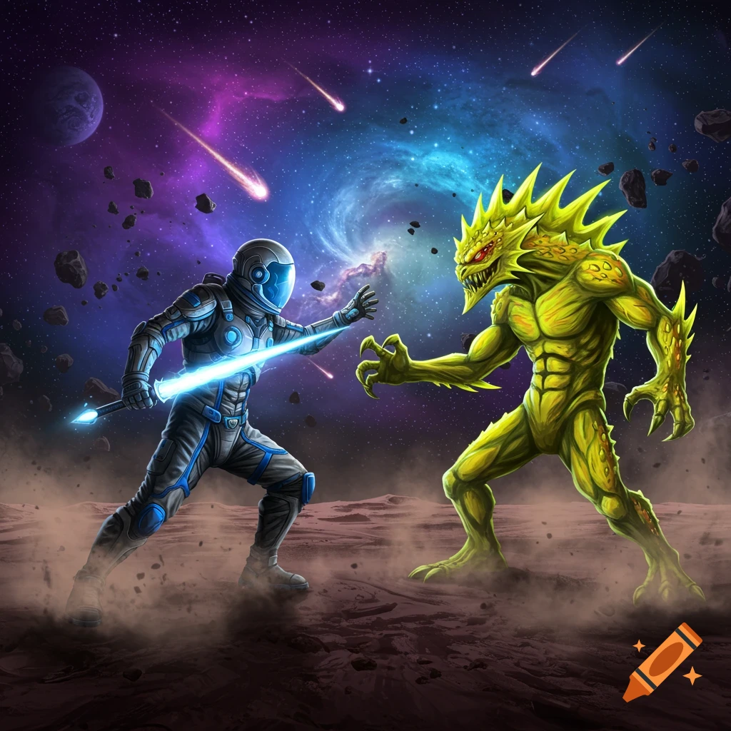 A spaceman with a glowing sword fights a large, spiky yellow alien on a barren planet under a vibrant galaxy sky with meteors.