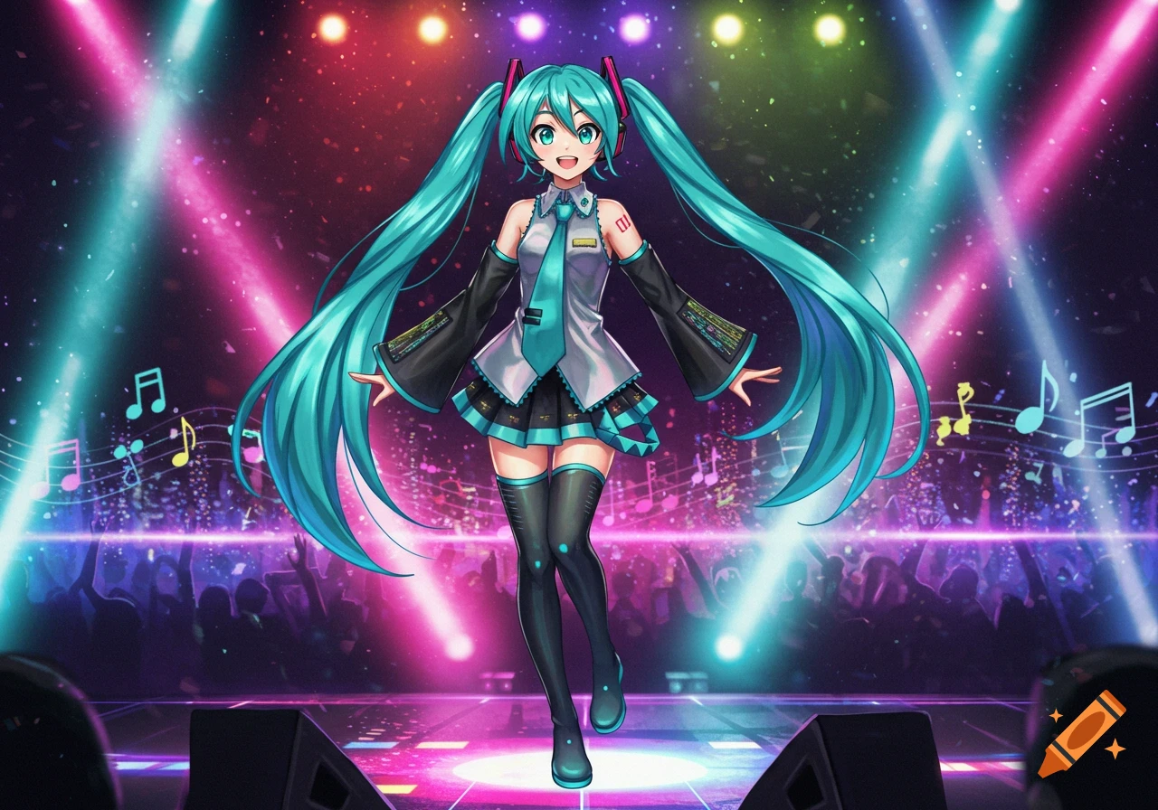 Anime character Hatsune Miku performing on a vibrant stage with colorful spotlights and a cheering crowd.