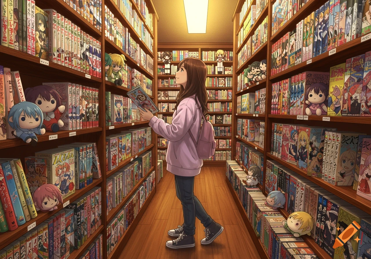 An anime-style woman with brown hair stands in a brightly lit bookstore aisle, holding a manga and surrounded by shelves of books and plushies.