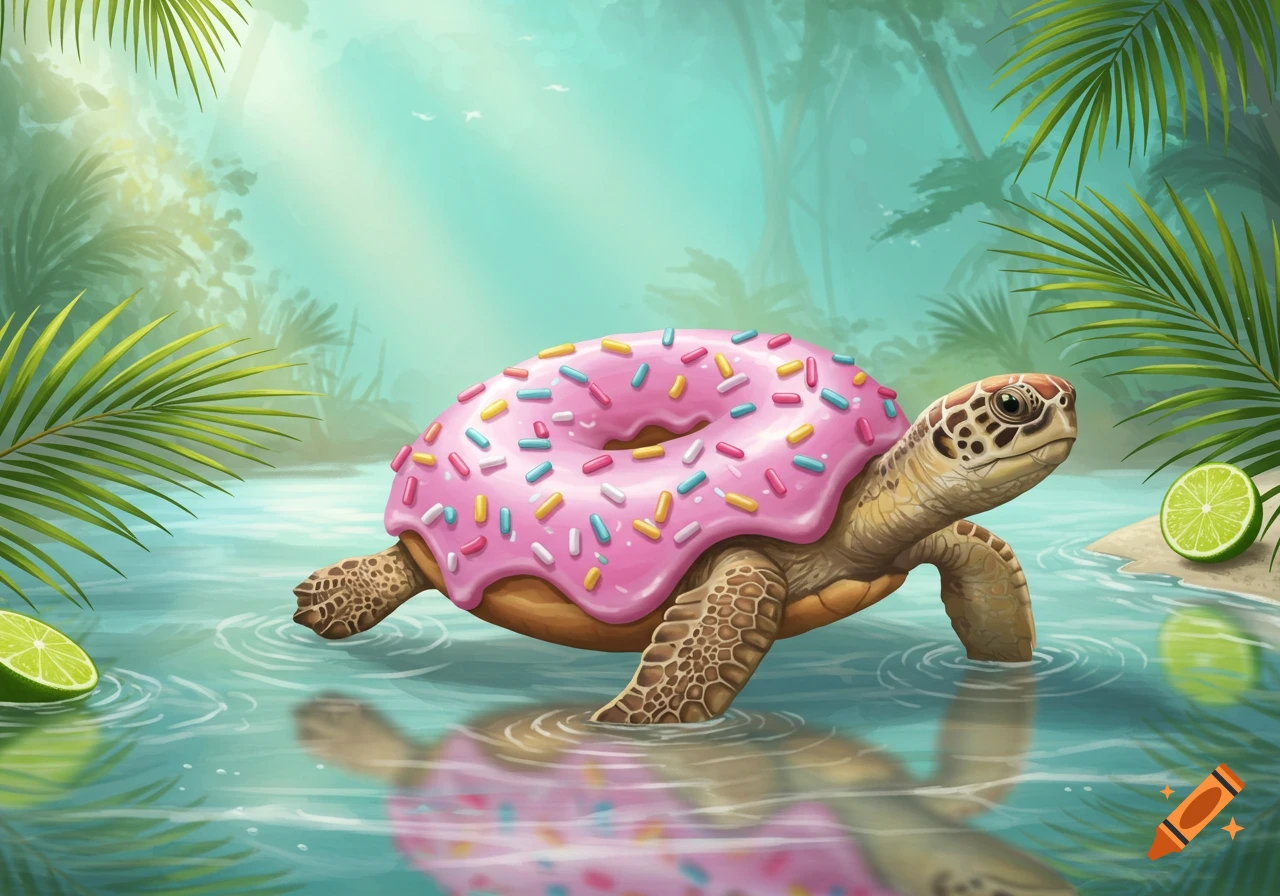 An illustration of a turtle with a pink frosted donut shell and sprinkles wading in clear water in a lush tropical jungle.