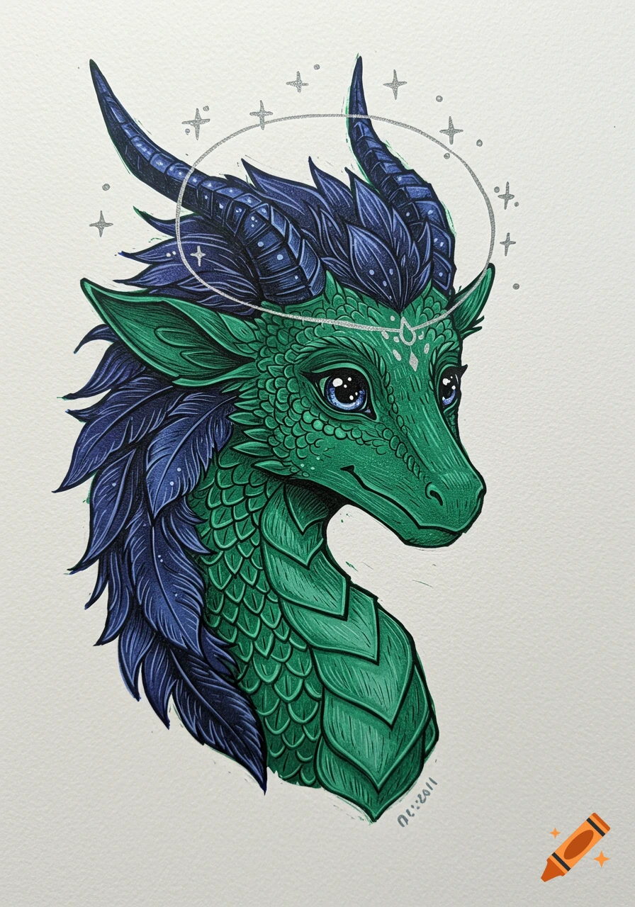 Whimsical green and blue feather-scaled dragon with twinkling eyes and a star halo, in a linocut style.