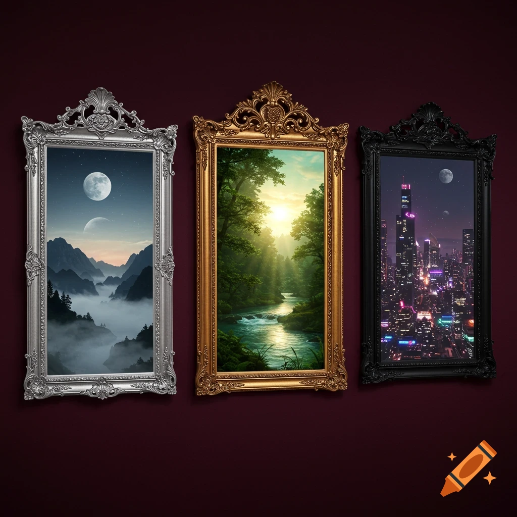 Three ornate framed artworks: a moonlit mountain range, a sunlit forest river, and a neon cityscape, on a dark red wall.