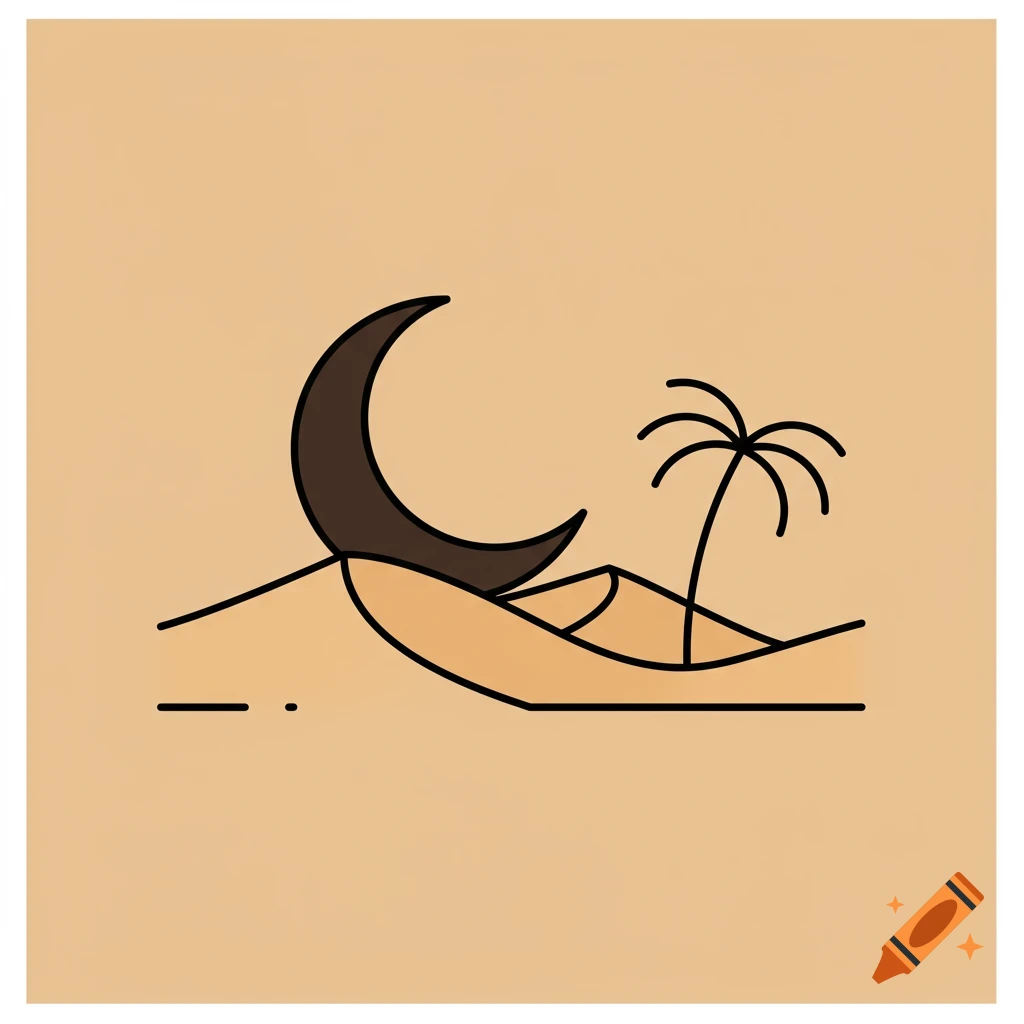 A minimalist icon of a desert scene with a crescent moon, sand dunes, and a palm tree on a warm beige background.