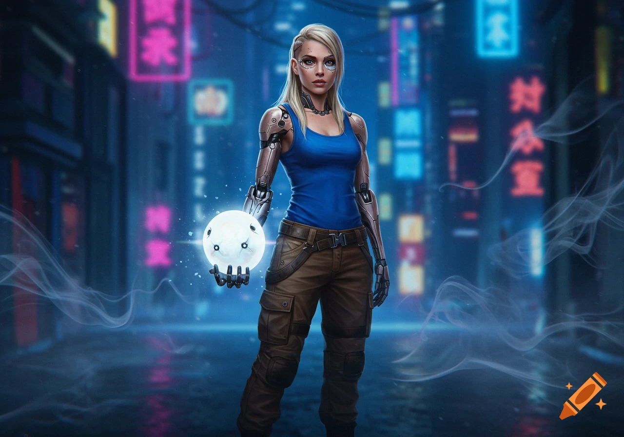 A cybernetic woman with blonde hair stands in a neon-lit cyberpunk city, holding a glowing white orb.