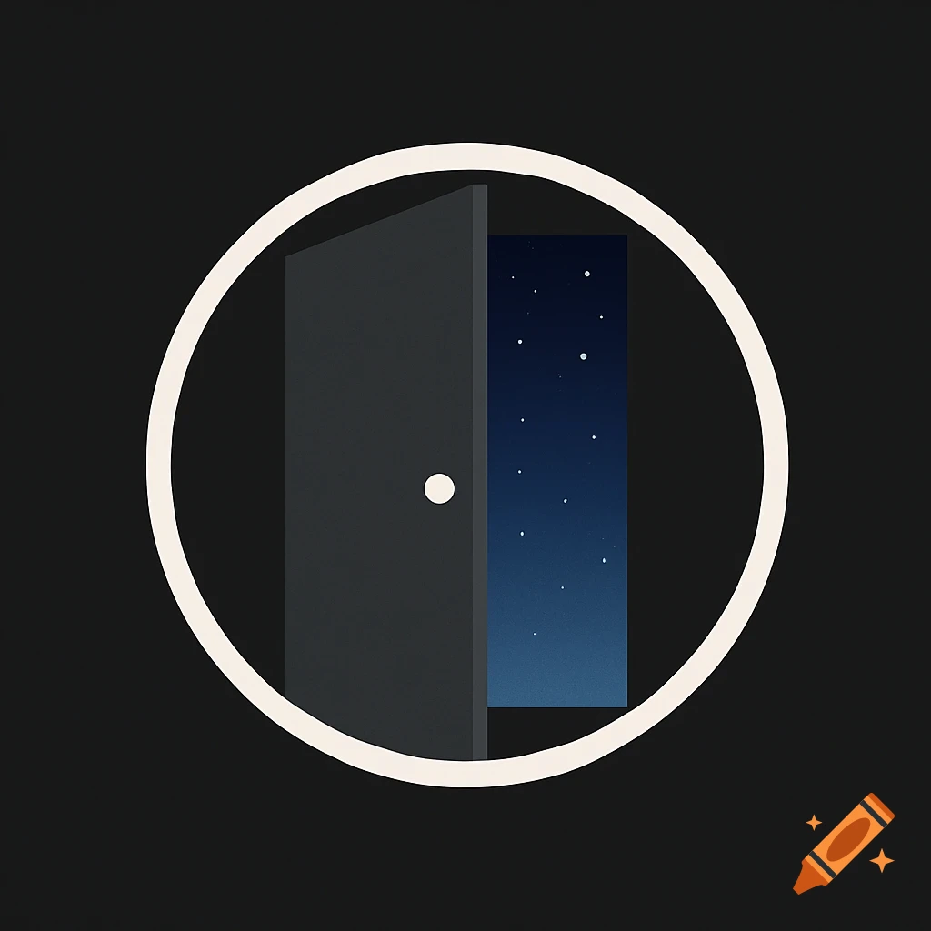 A minimalist logo of an open door in a circle revealing a starry night sky.