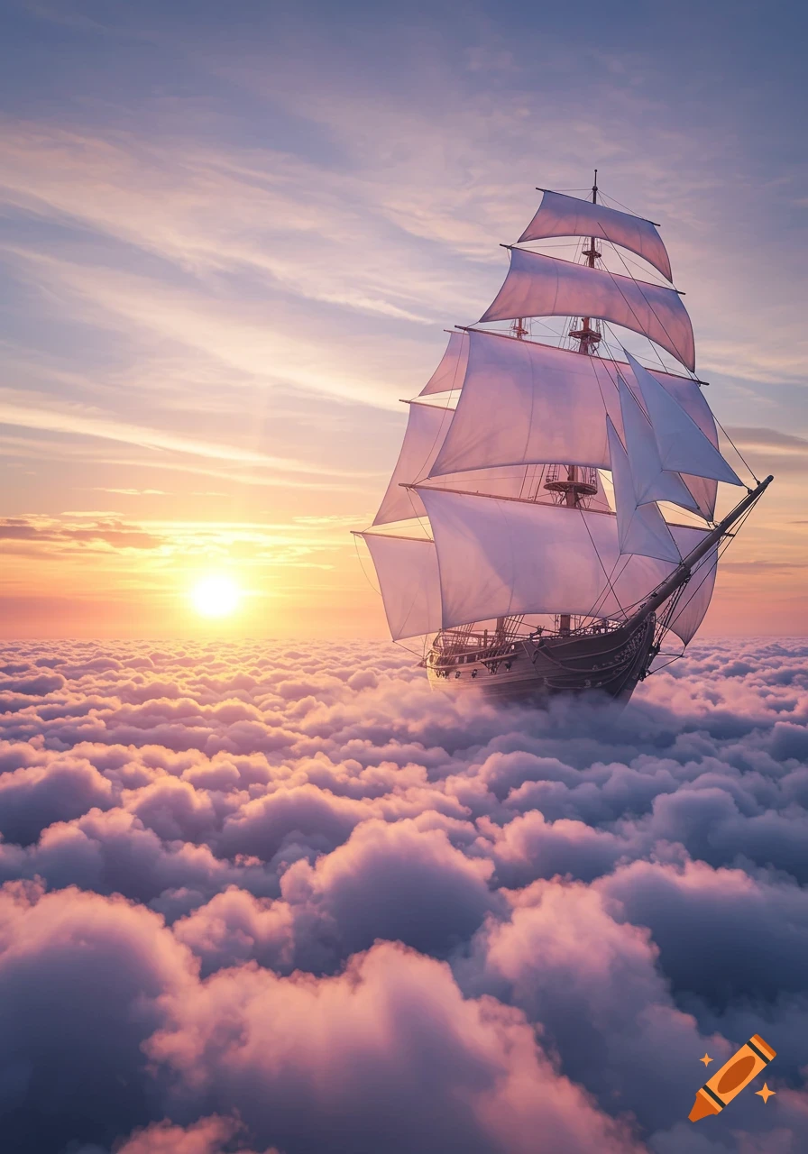 A majestic sailing ship with full white sails floats above a sea of pink and purple clouds at sunset.