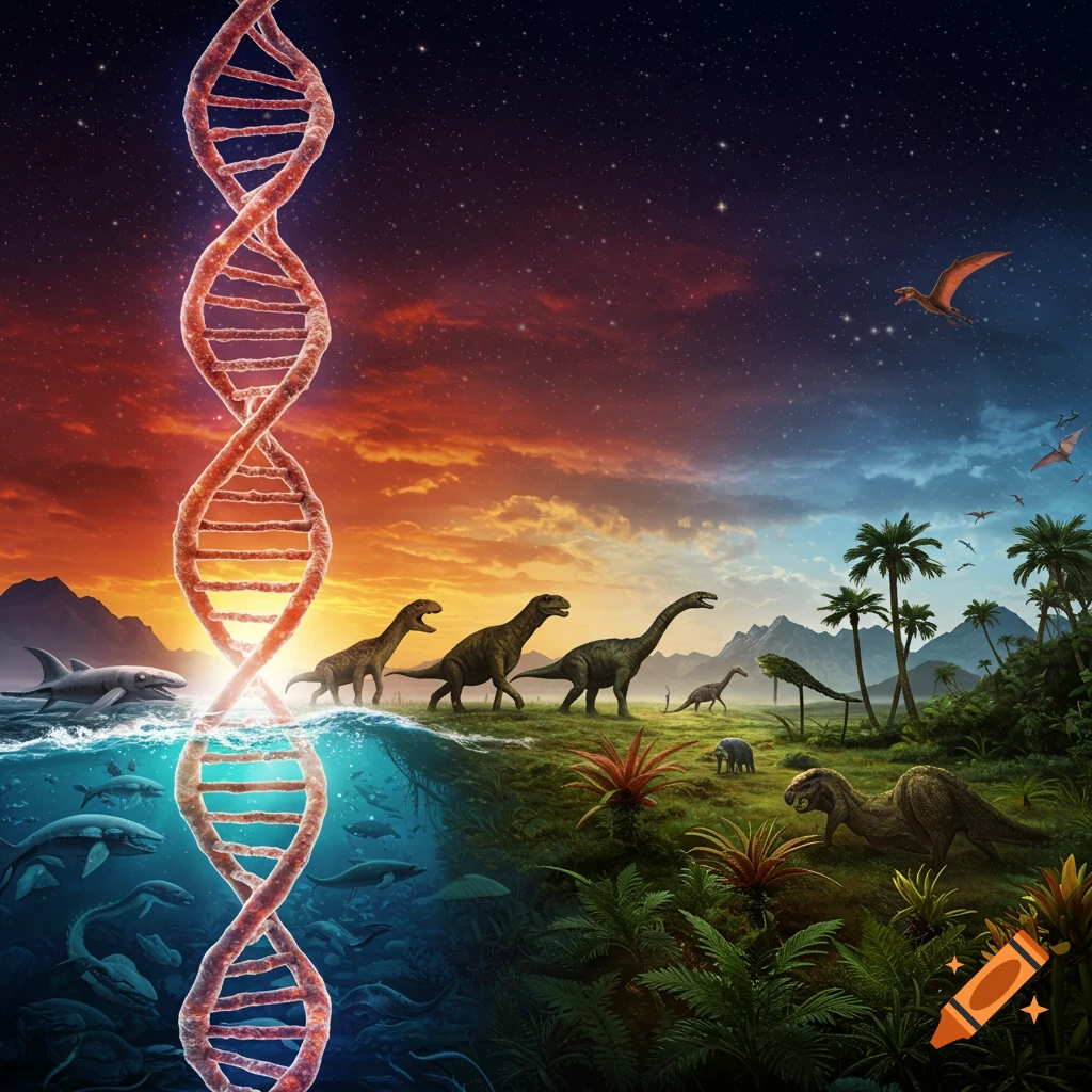 A glowing DNA helix divides a vibrant prehistoric scene with dinosaurs on land under a sunset sky and ancient marine life in the ocean.