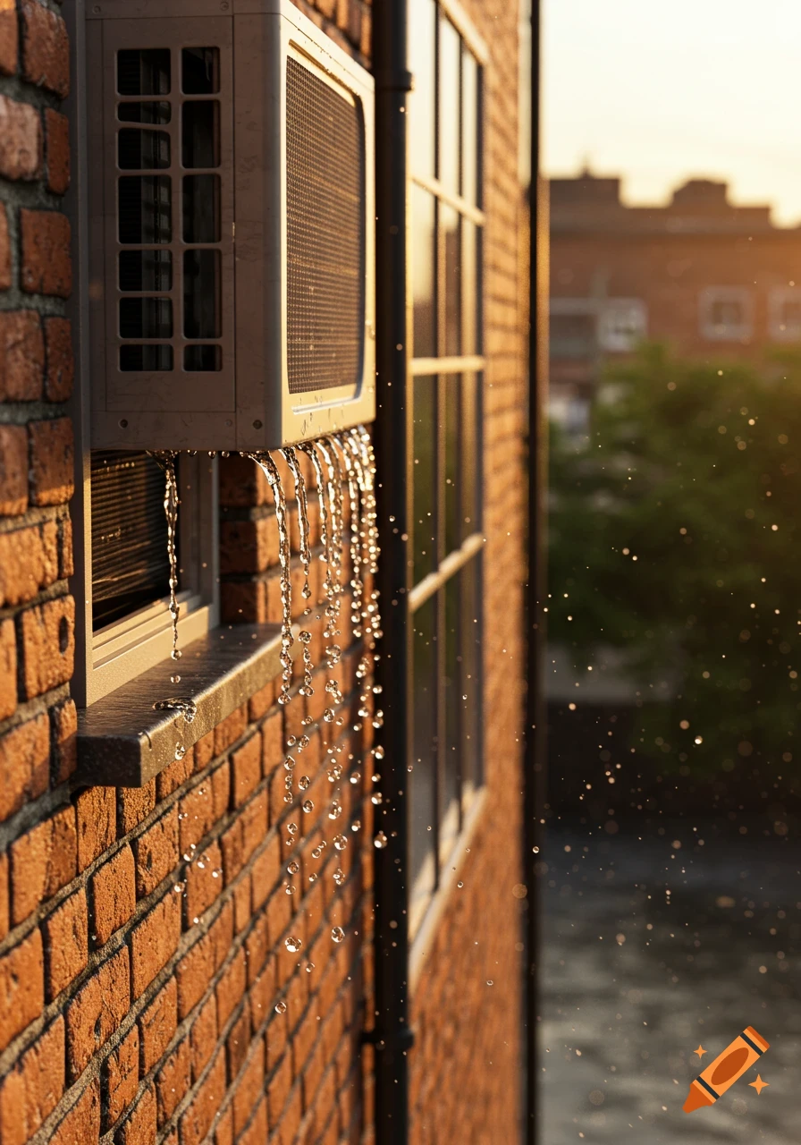 Photorealistic image of water dripping from an air conditioner unit on a brick building wall, illuminated by golden hour light.