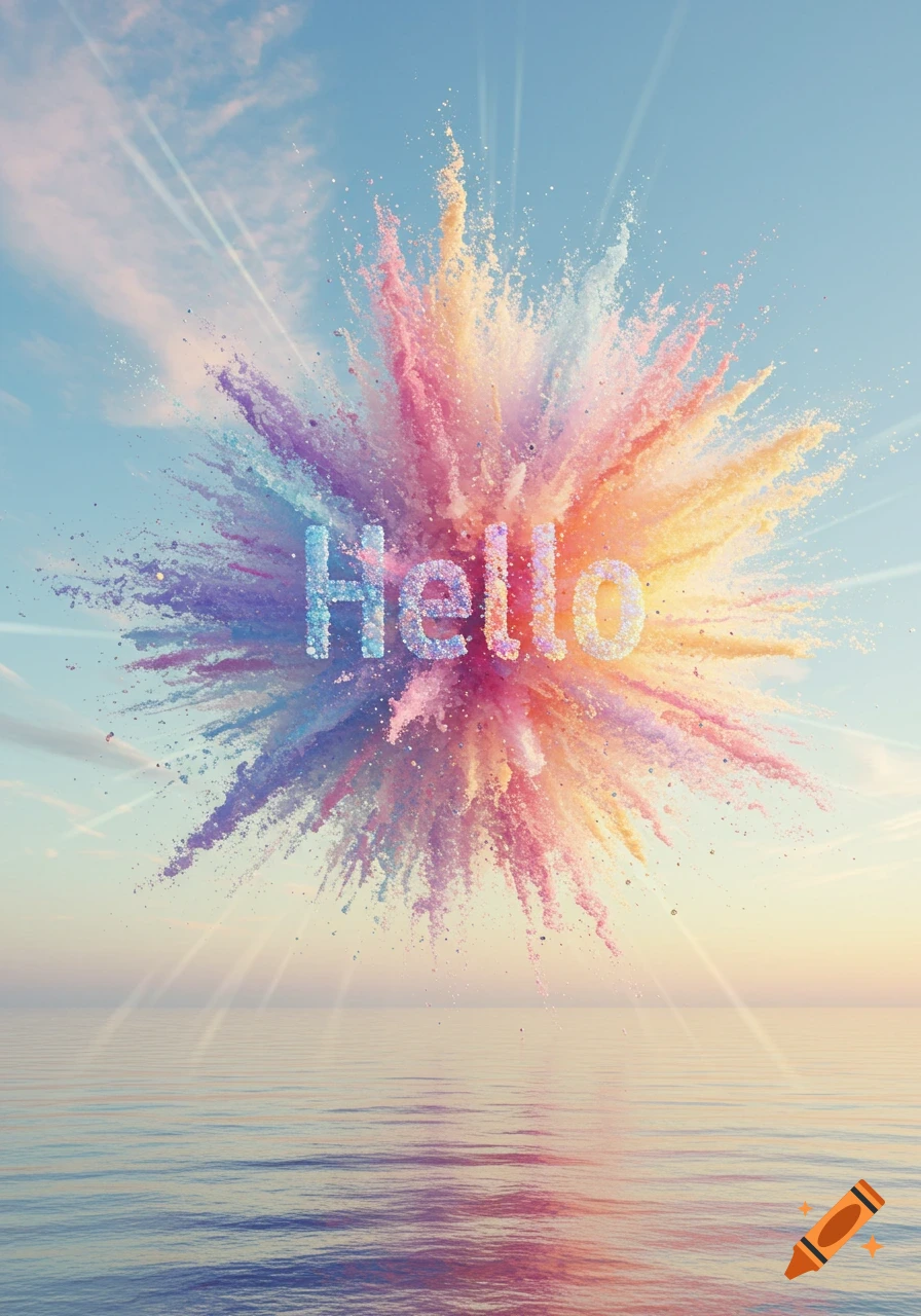 Colorful powder explosion with 'Hello' in the center, set against a blue sky and calm water at sunset.