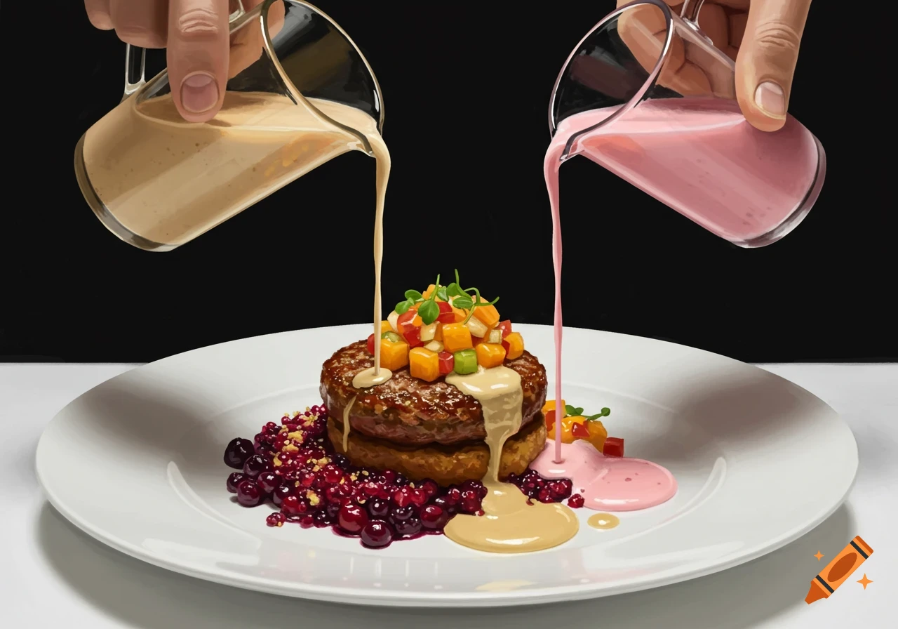 Two hands pour beige and pink sauces over a gourmet dish with a stacked patty, fruit salsa, and berries on a white plate.