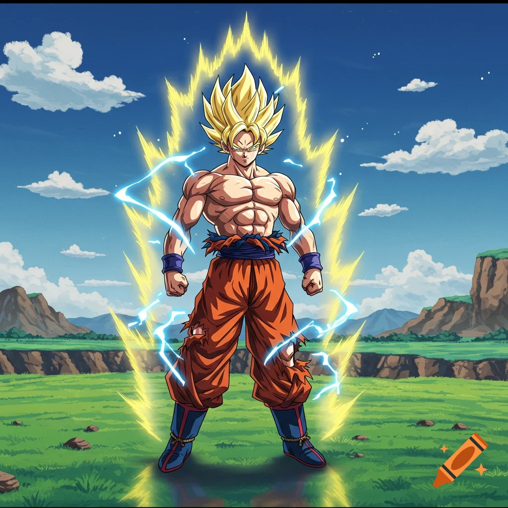 Goku as a Super Saiyan with spiky blonde hair, a yellow energy aura, and lightning, stands in a green field under a blue sky.