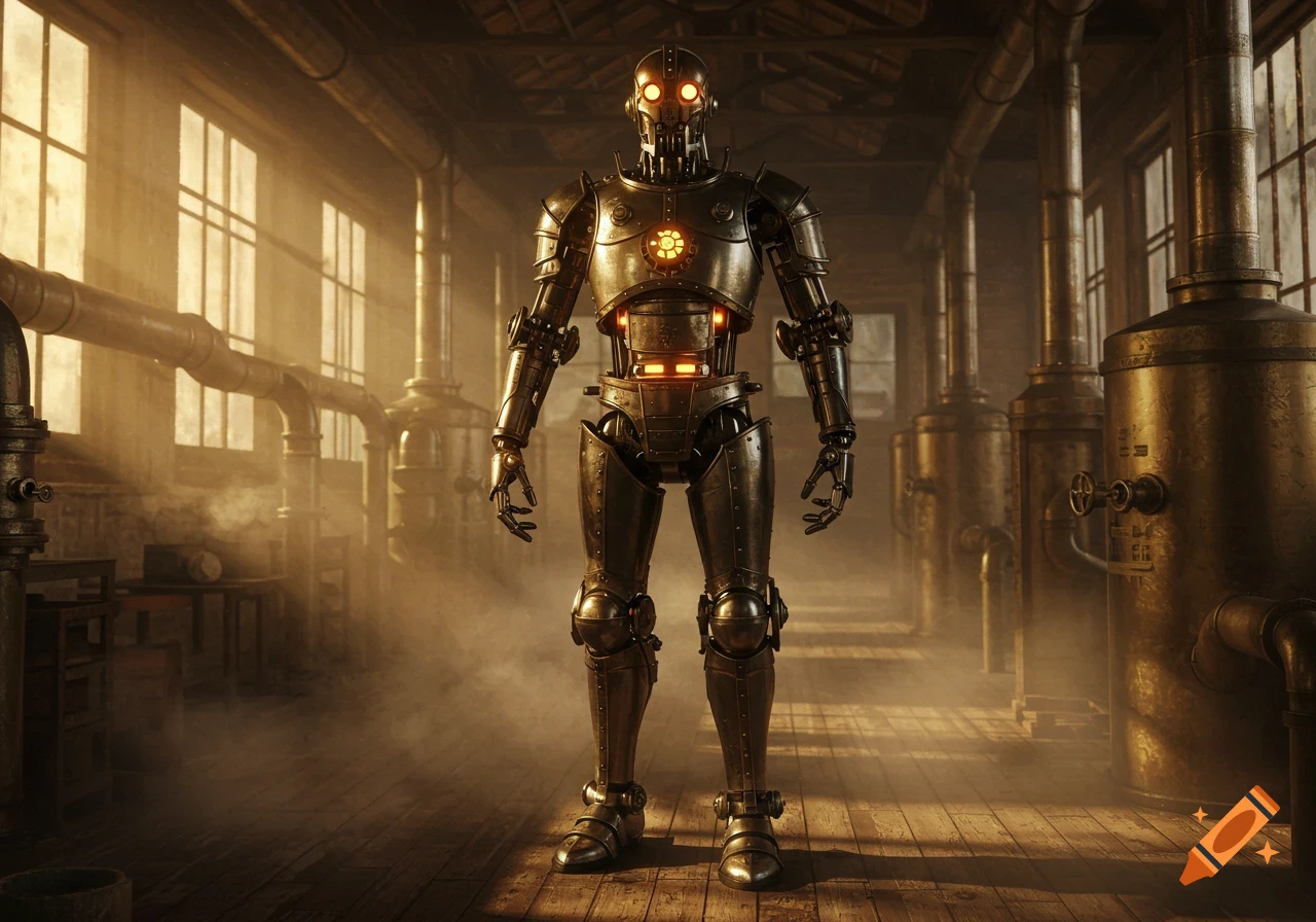 A detailed metallic robot stands in a dusty, sunlit industrial factory with large windows.