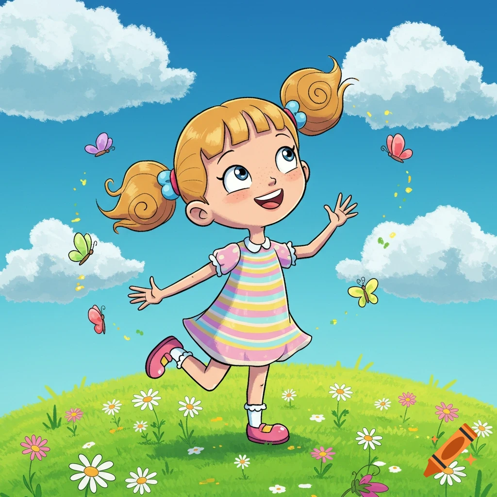 A cheerful cartoon girl with blonde pigtails and a striped dress happily runs through a grassy field with flowers and butterflies under a blue sky.