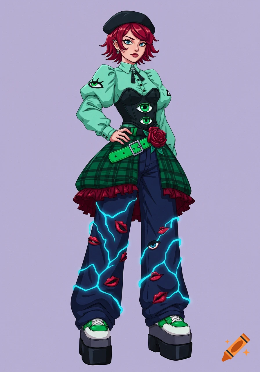 A full-body anime character in a black beret, mint blouse with eye symbols, corset, plaid skirt, blue pants with electric lightning, red lips and eyes, and platform shoes.