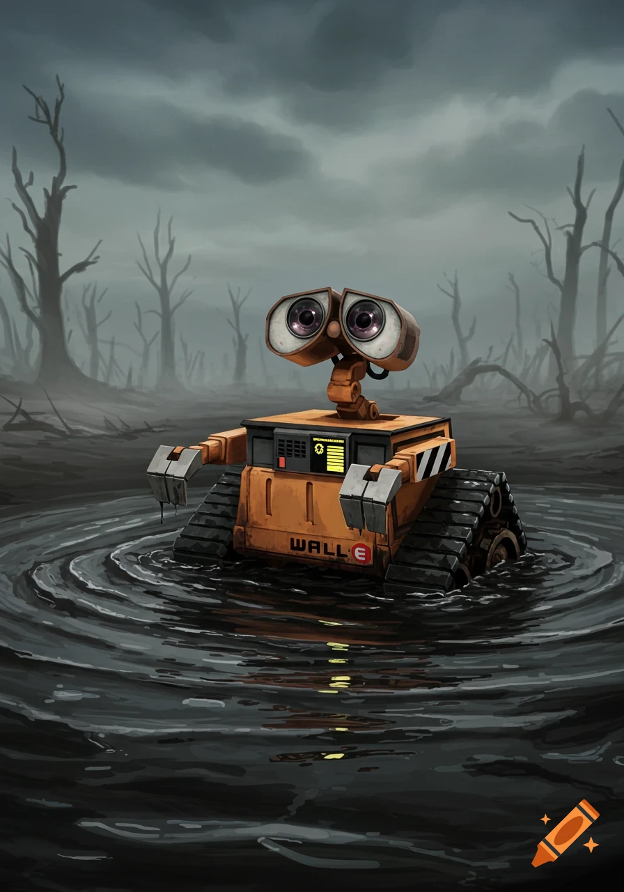 WALL-E robot partially submerged in dark, swirling water amidst a desolate landscape of dead trees under a cloudy sky, digital painting.