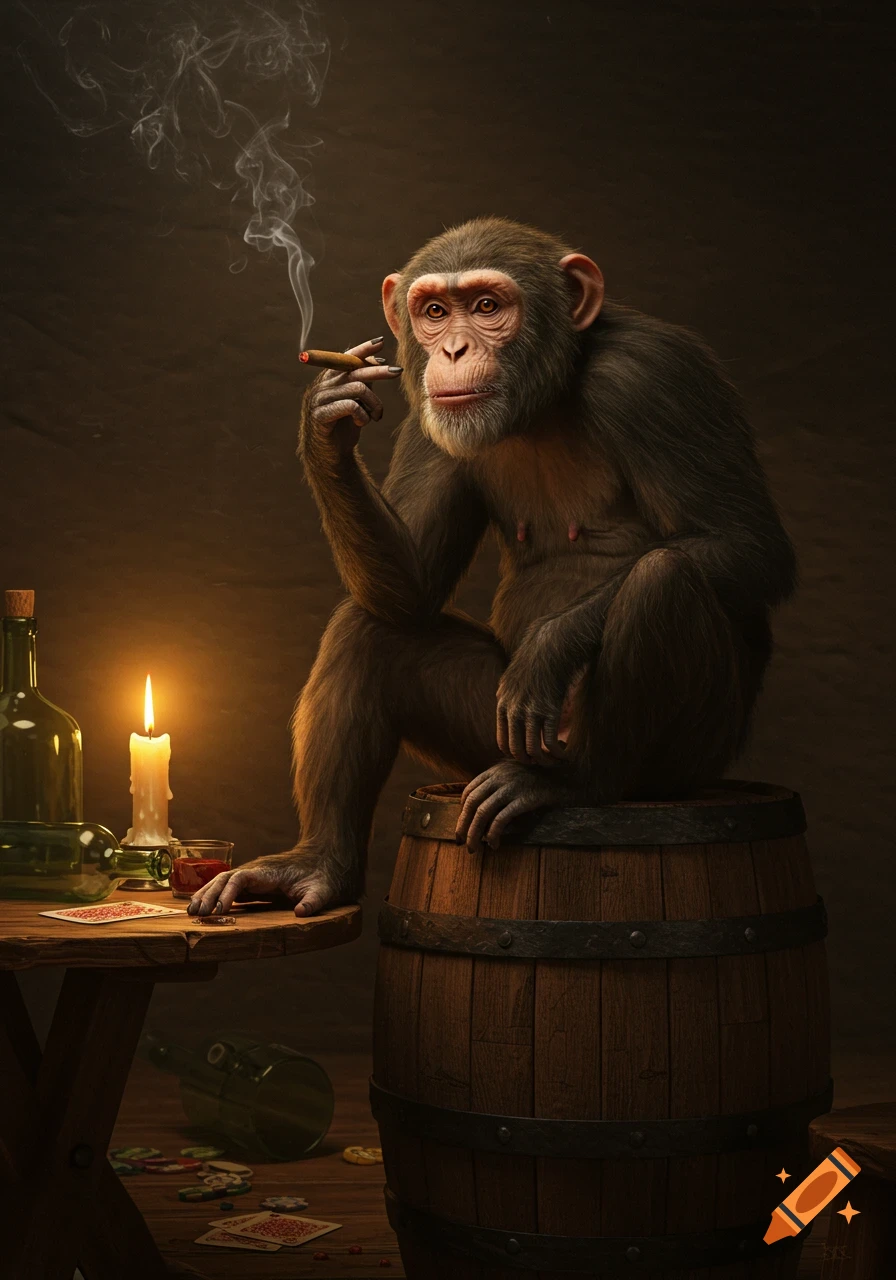 A photorealistic chimpanzee sits on a barrel, smoking a cigar. A candle, bottles, and cards are on a table next to it.