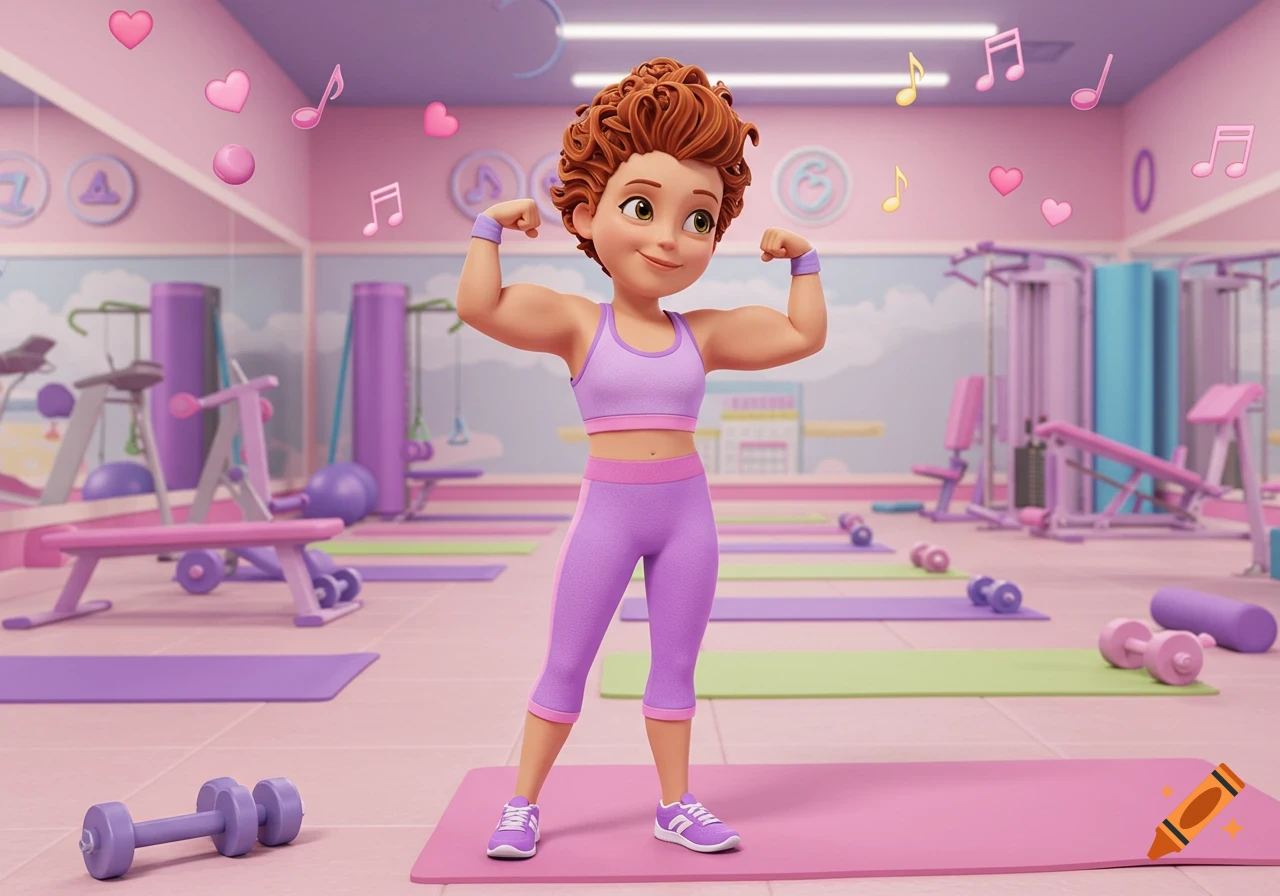 Cartoon woman with red curly hair in purple workout clothes flexes her muscles in a pink and purple gym.