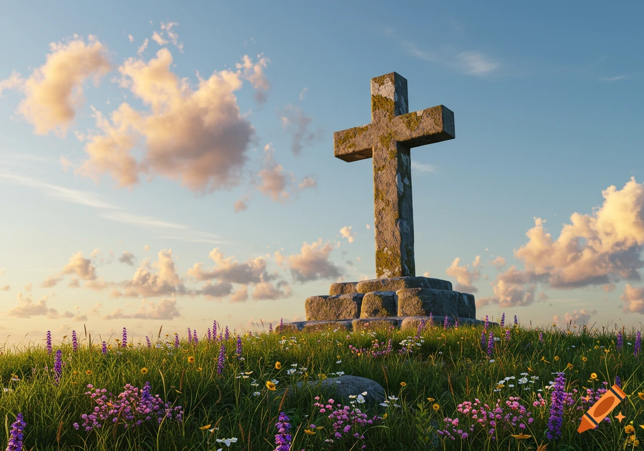 A mossy stone cross stands prominently in a vibrant wildflower field under a golden sunset sky.