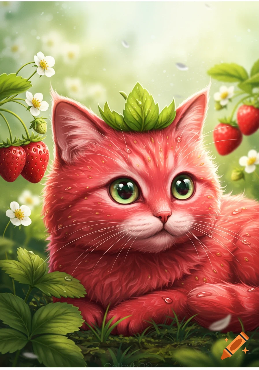 Cute pink strawberry cat with green eyes and a leaf hat, surrounded by strawberry plants in a soft green field, digital illustration.