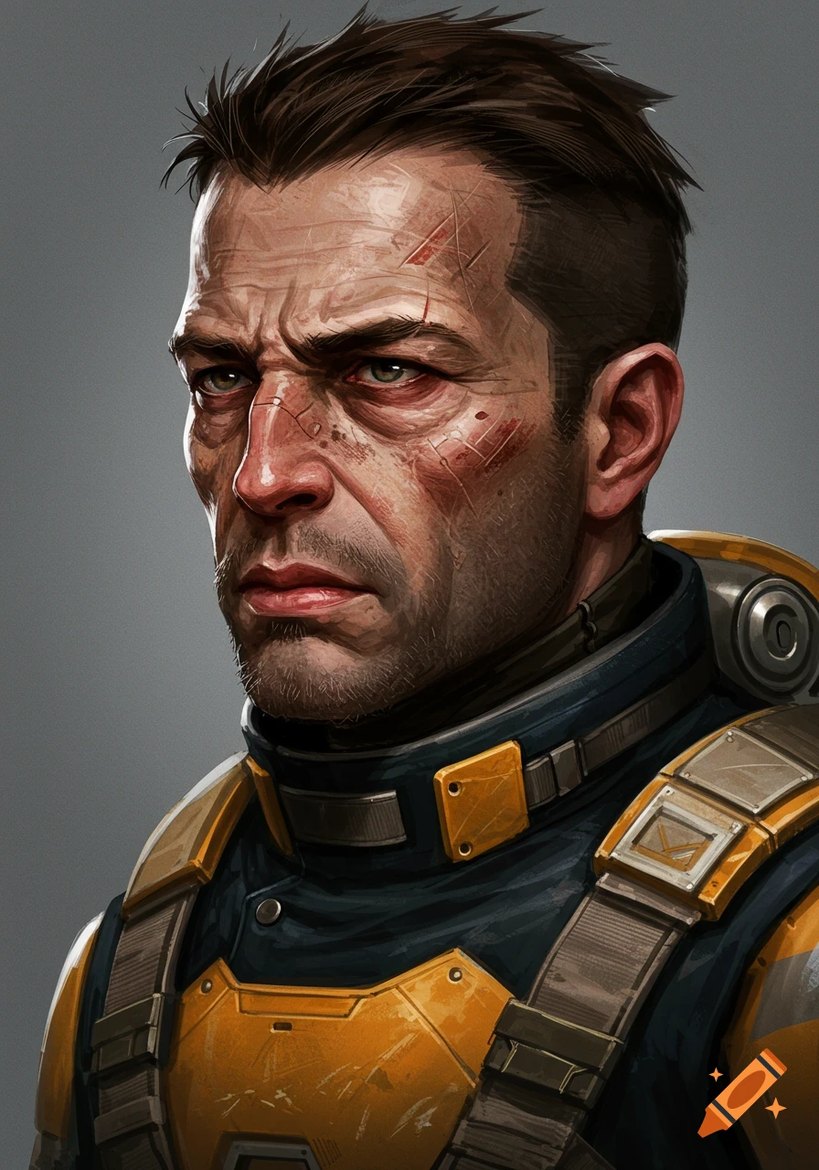 A rugged man with a grim expression and facial scars, wearing a blue and yellow sci-fi uniform. Realistic digital painting.