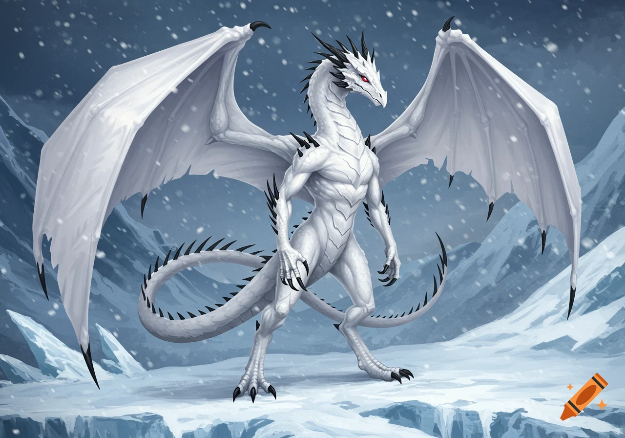 A majestic white dragon with black spikes and red eyes stands in a snowy, icy mountain landscape.