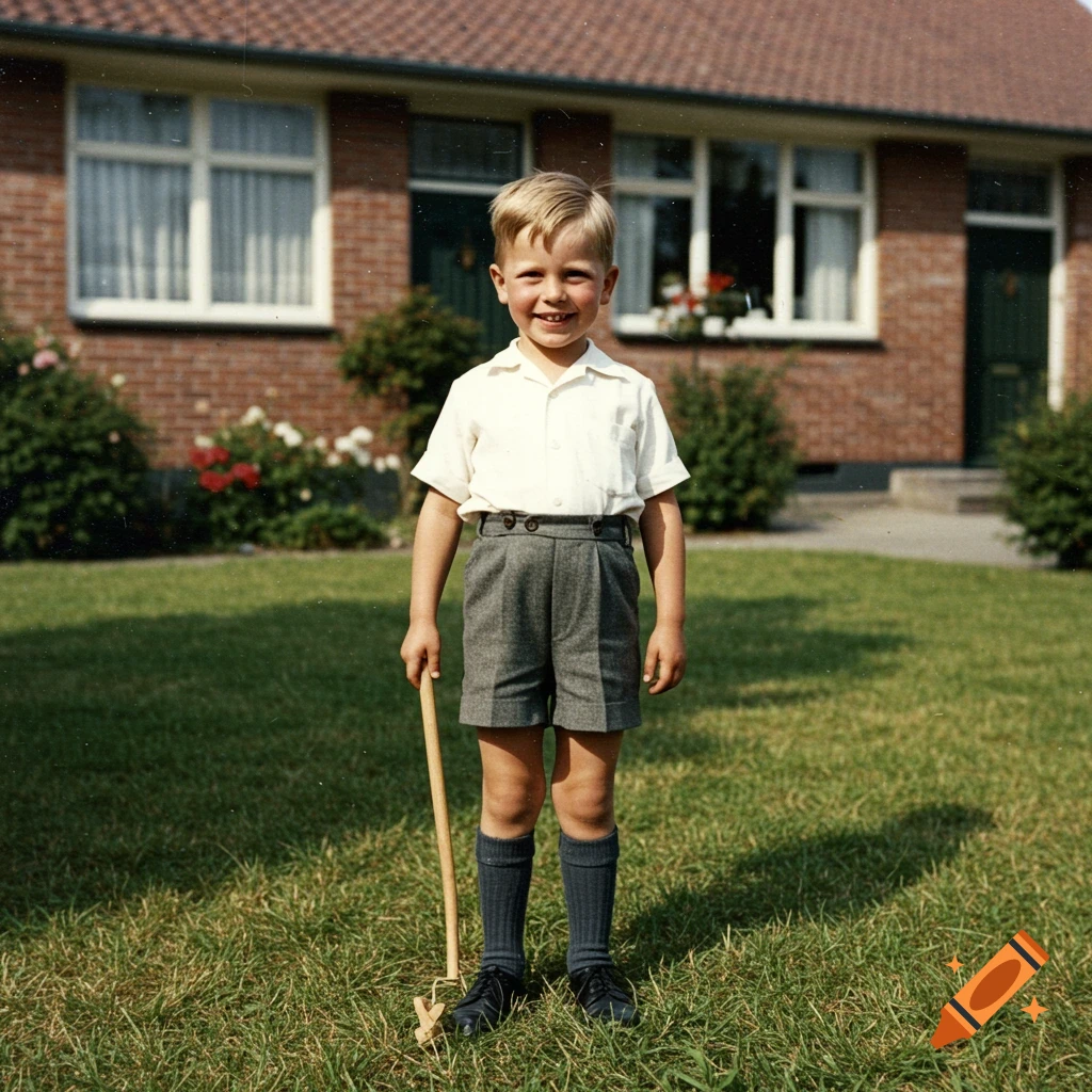 A smiling young boy in a white shirt and grey shorts stands in a grassy yard, holding a stick. A brick house is in the background.