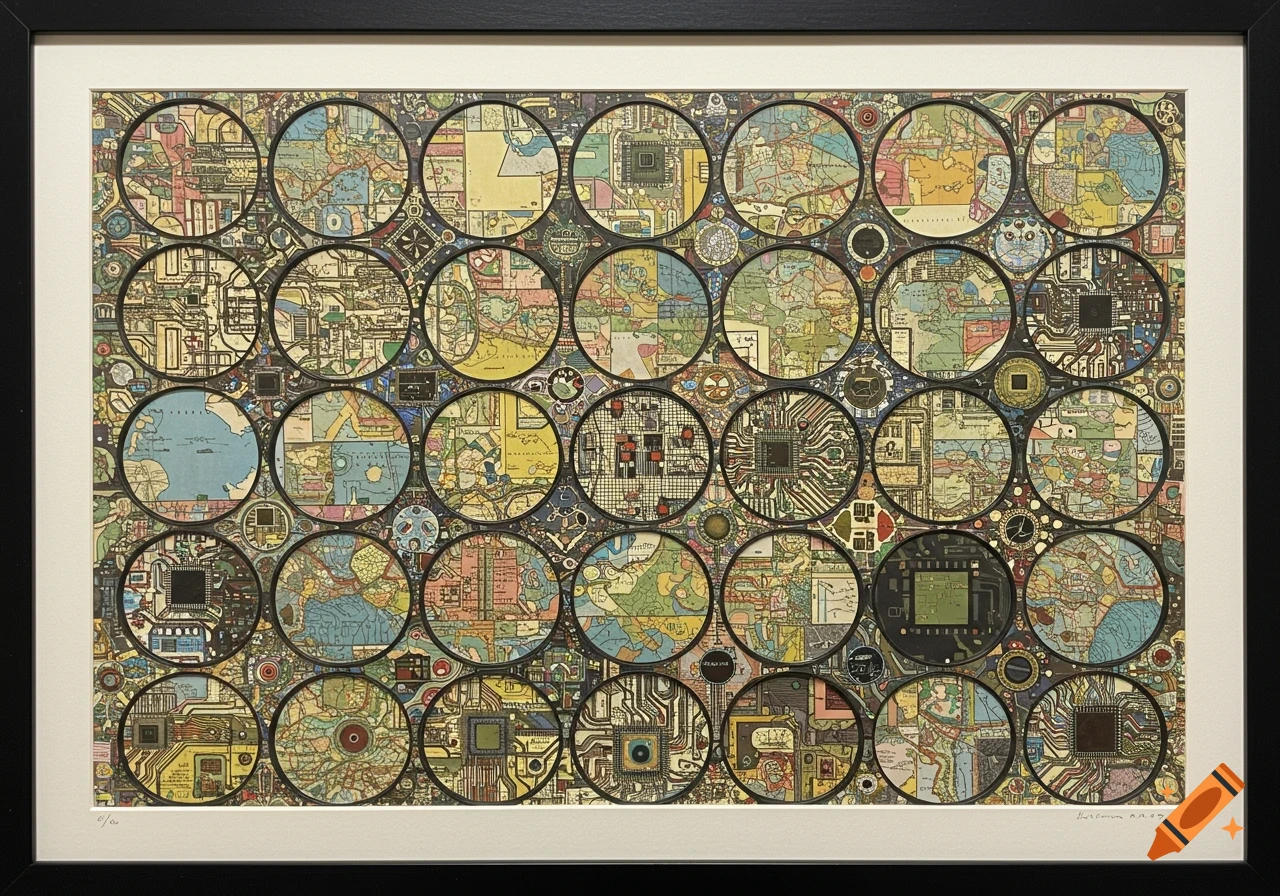 Framed mono print featuring a colorful Hundertwasser-style grid of circular collages with old maps and circuit board patterns.
