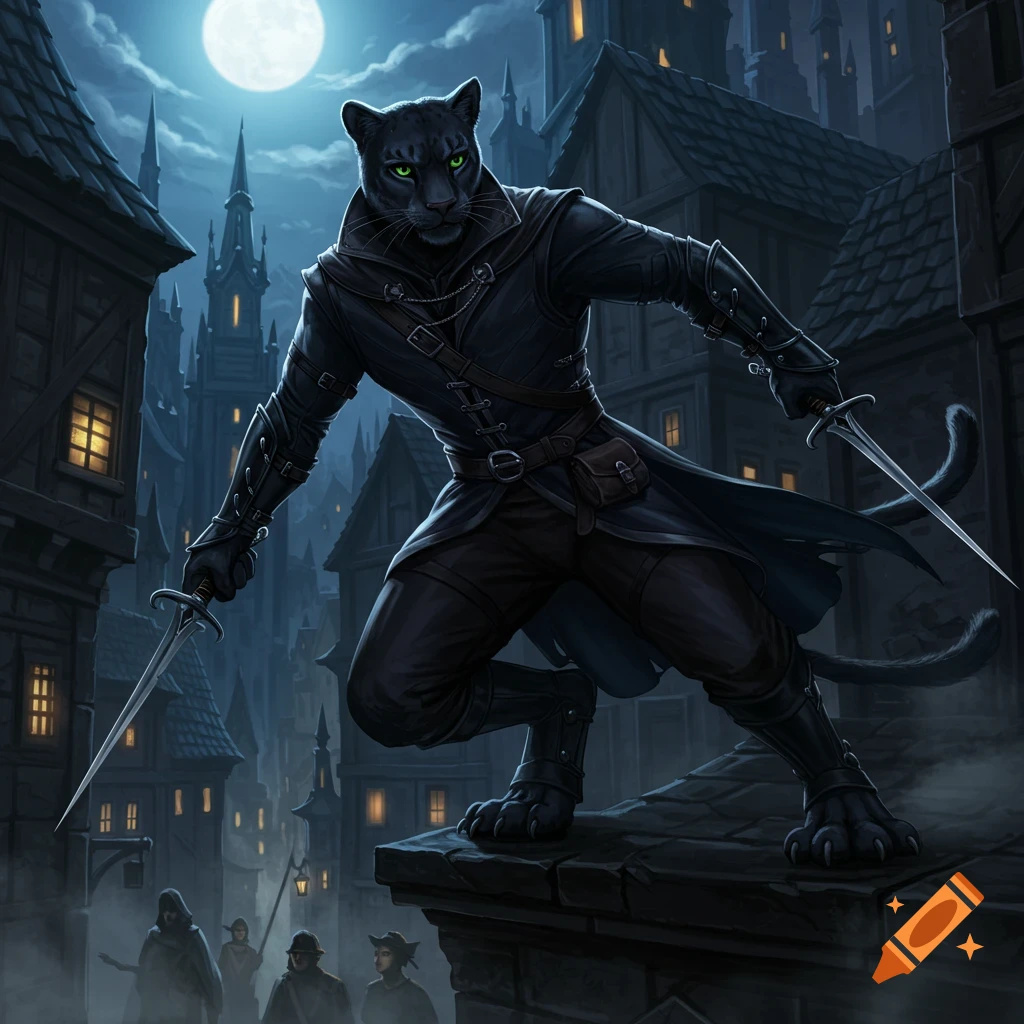An anthropomorphic black panther rogue crouches on a dark rooftop with daggers, overlooking a moonlit fantasy city at night. Digital art.