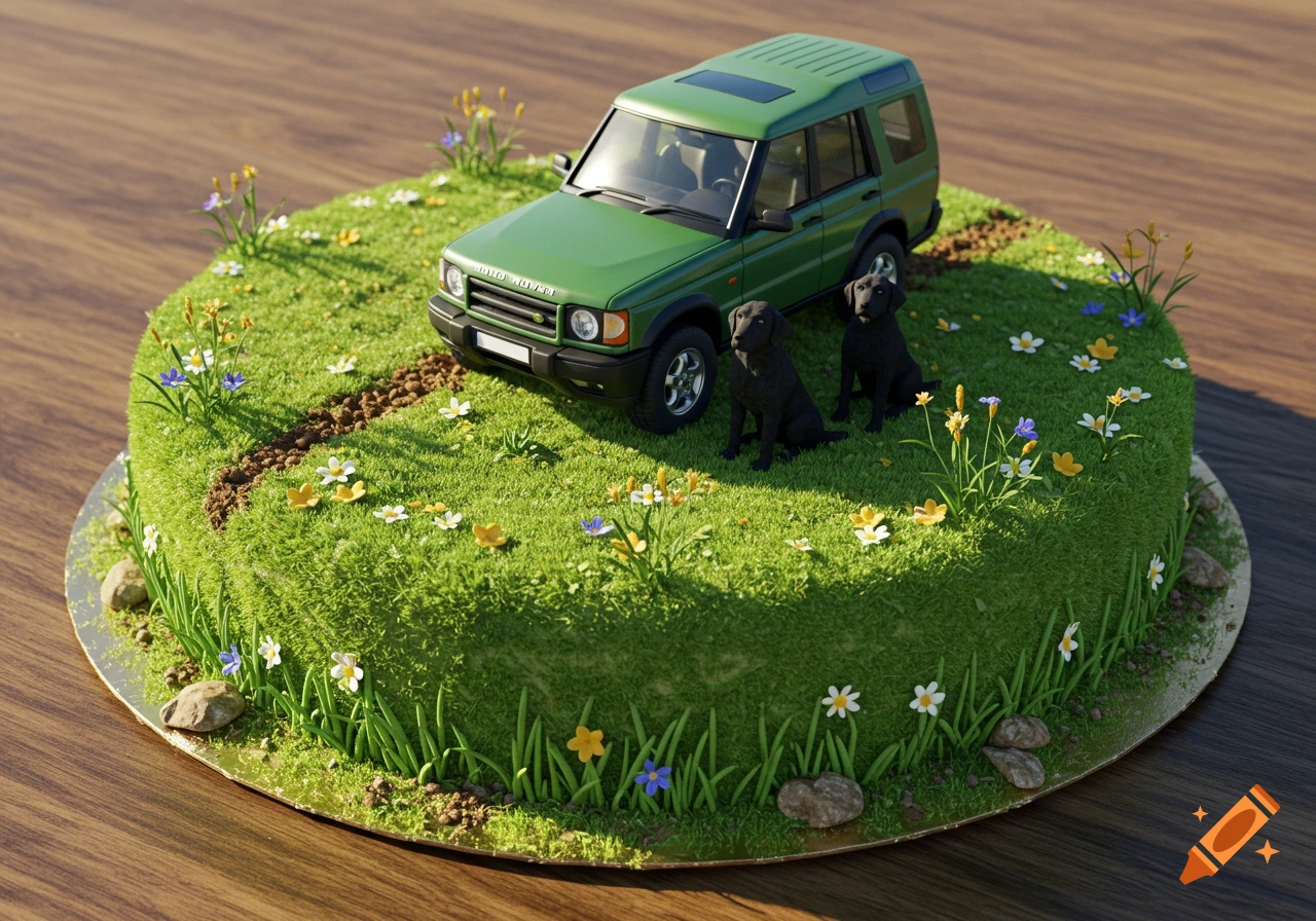 A round cake decorated with green grass, flowers, a green Land Rover car, and two black Labrador dog figurines on a wooden table.