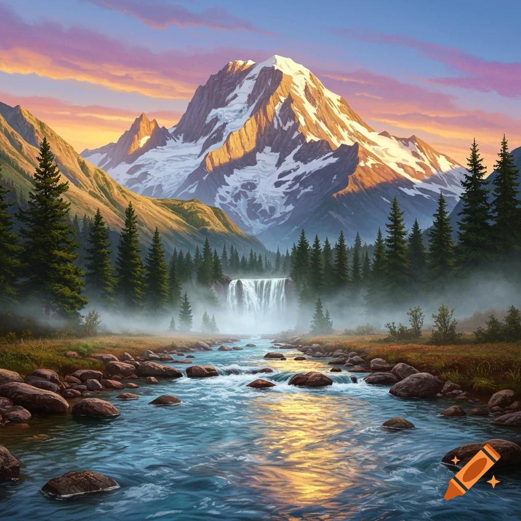 Vibrant digital painting of a snow-capped mountain overlooking a river with a waterfall, surrounded by pine forests at sunset.