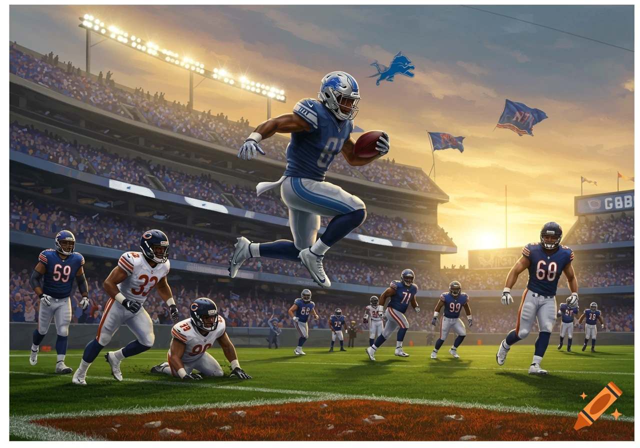 An illustrative depiction of an American football player in a blue Detroit Lions uniform leaping with the ball, surrounded by Chicago Bears players on a stadium field at sunset.