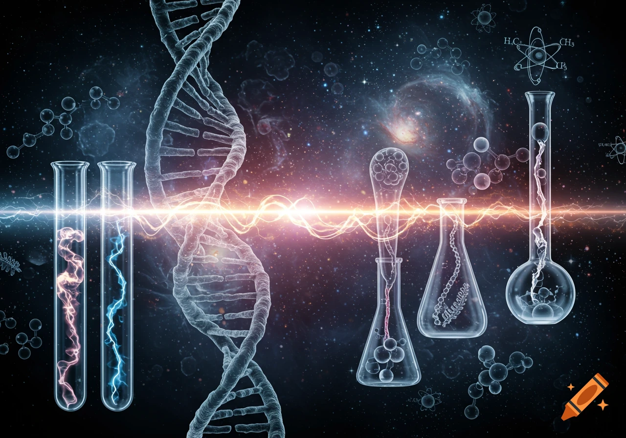 Conceptual image depicting DNA, test tubes, beakers, and molecular structures bathed in light against a cosmic background.
