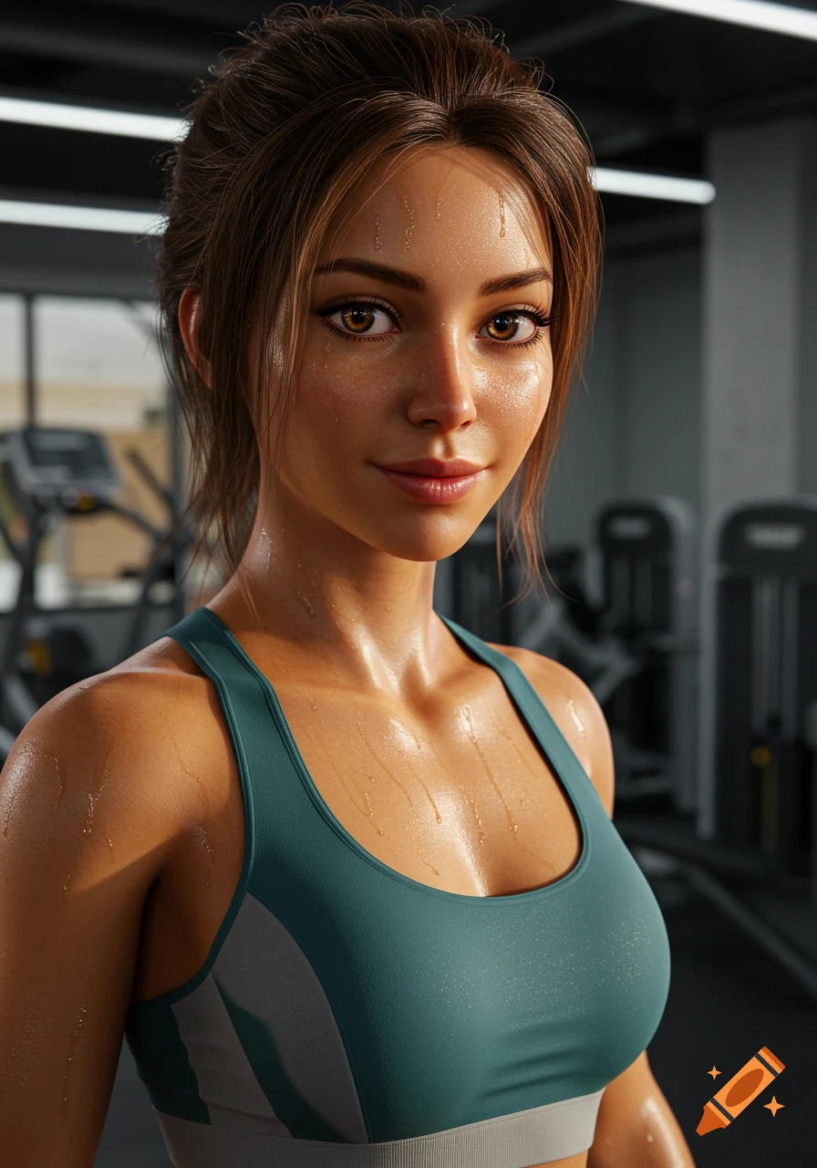 Photorealistic portrait of a sweaty woman with brown hair and eyes in a teal sports bra at a gym.