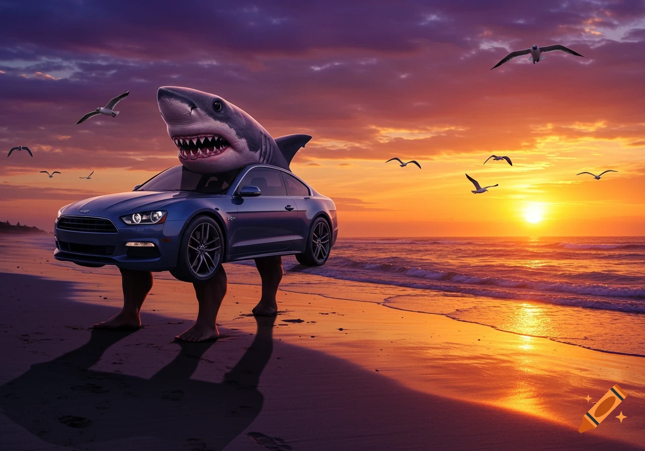 A photorealistic, surreal image of a blue Ford Mustang with a shark's head and human legs walking on a sandy beach at sunset.