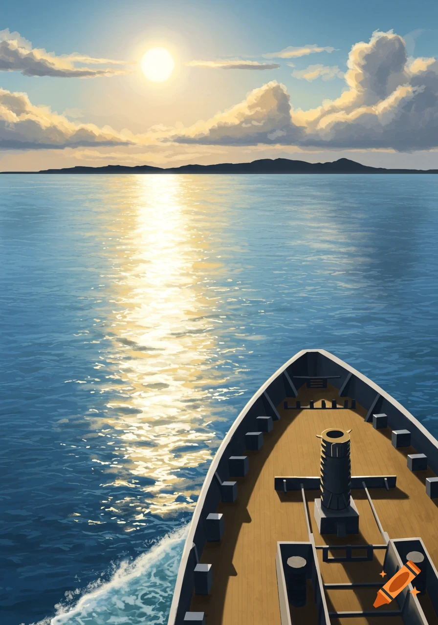 An anime-style view from the bow of a ship on a calm sea, with golden sunlight reflecting on the water towards a distant landmass under a cloudy sky.